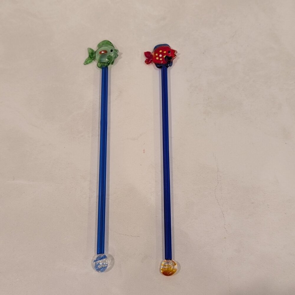 Two Glass Swizzle Sticks, Drink Stirrer with Handblown Fish Barware